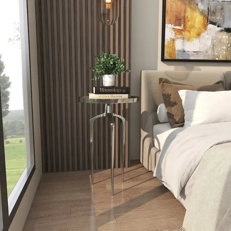 Round Aluminum Accent Table with Tray Top & Tripod Legs