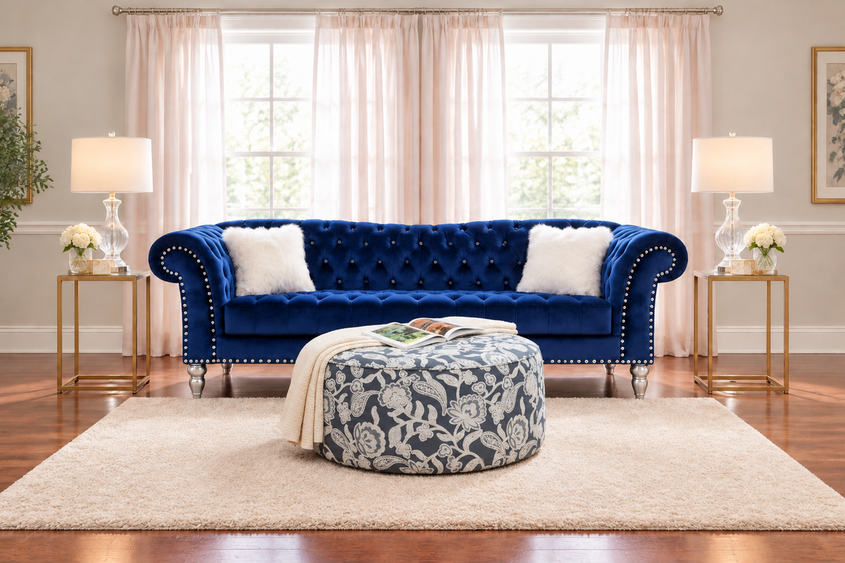 Navy Sofa with Dark Floral Ottoman
